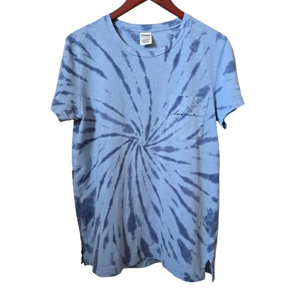 PINK Victoria's Secret Blue Tie Dye Love Pink Pocket Tee Shirt - Picture 1 of 15